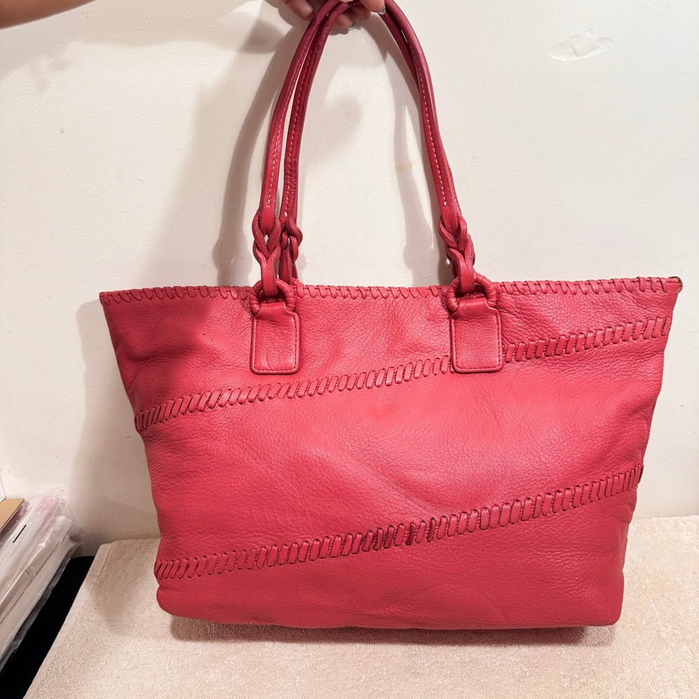 Carlos Falchi Women's Red Leather Whipstitch Large Tote Shoulder Bag